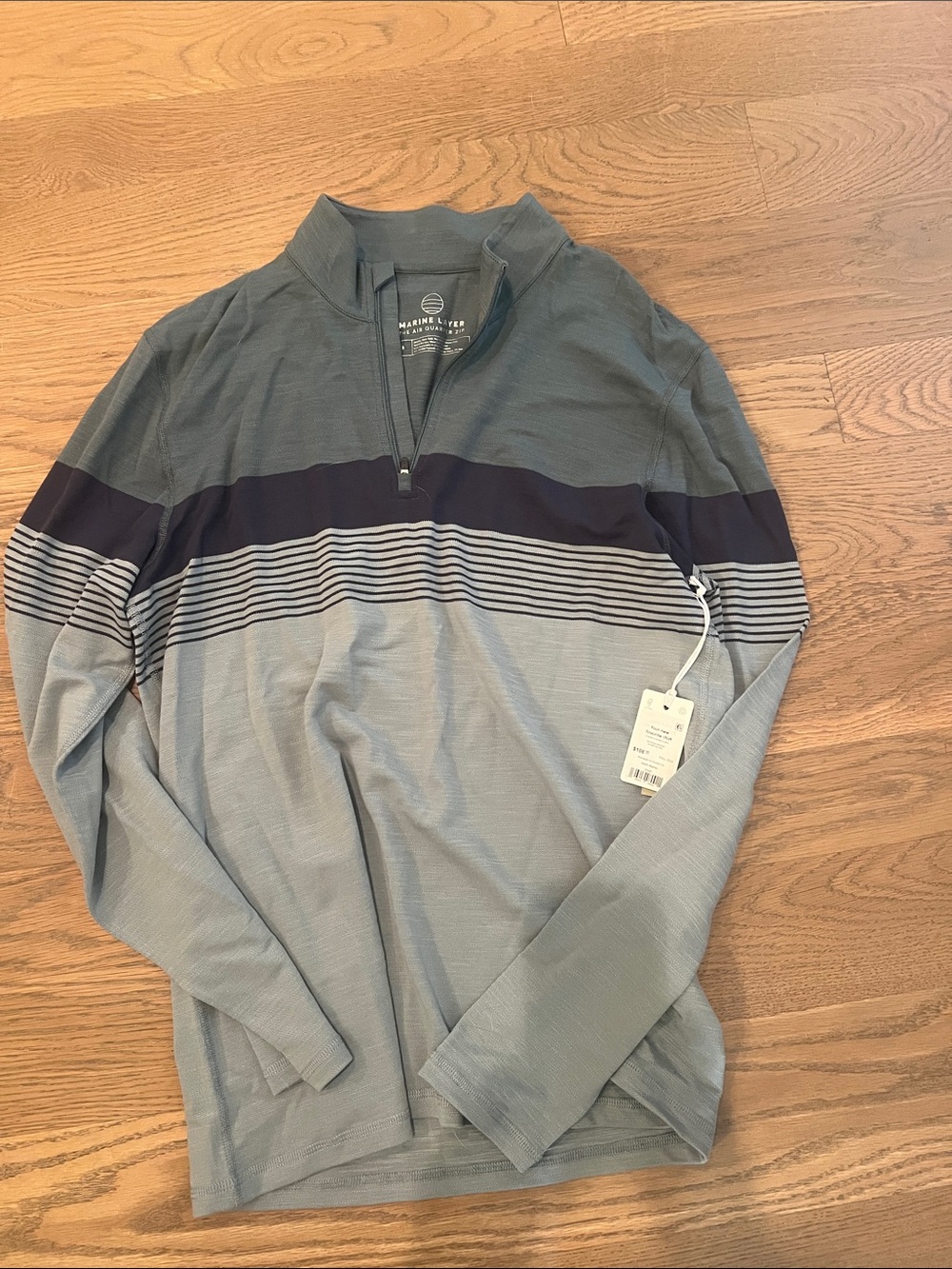 Marine Layer Men's Half-Zip Pullover in Light Gray and Dark Navy Stripe